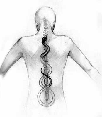 Tekening van Kundalini die langs de chakra’s opstijgt