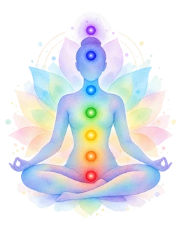 Mediterende figuur met de zeven chakra’s langs de centrale lichaamsas
