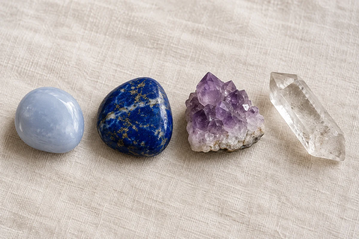 Illustratie van lichtblauwe chalcedoon, lapis lazuli, een amethistcluster en een heldere bergkristalpunt
