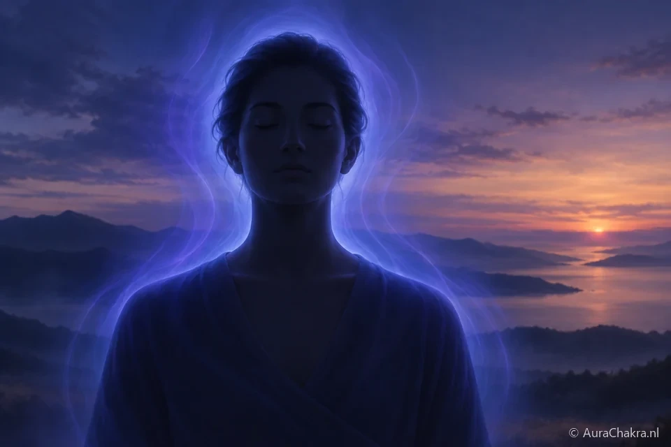 Stille menselijke gestalte omgeven door indigo licht bij een avondhorizon