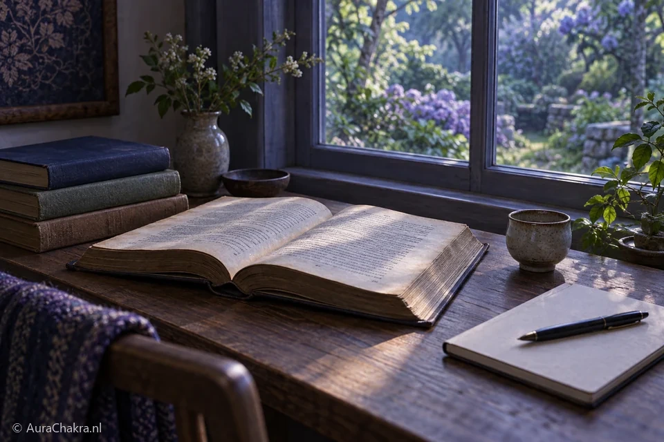 Boek en notitieboek op een rustige tafel bij een raam